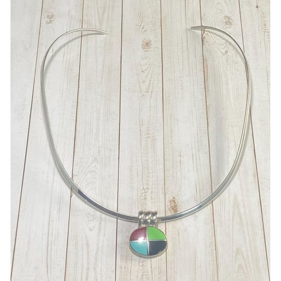 Vintage 925 Choker Necklace Multi Gemstone Pendant Modernist 15 inches - Picture 6 of 7